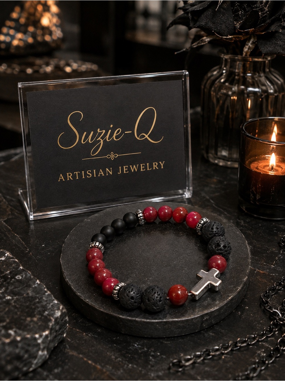 Gothic Red Black Lava Stone Cross Stretch Bracelet Stainless Steel